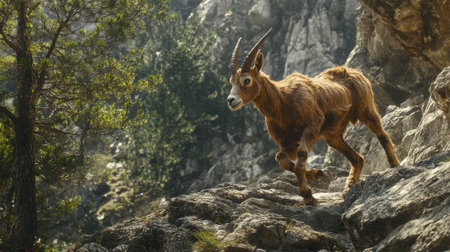 A majestic alpine ibex navigates the rocky terrain of a mountainous landscape, showcasing its natural agility and strength in a stunning wilderness setting.の素材
