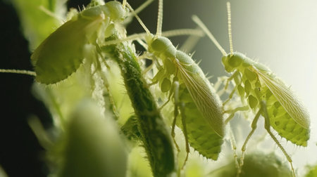 A detailed close-up view of green insects on a plant leaf, showcasing their delicate features and vibrant color under soft natural light, perfect for nature enthusiasts.の素材