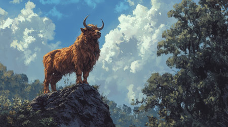 A stunning portrayal of a highland cattle with long, flowing fur, standing majestically on a rocky outcrop against a backdrop of vibrant clouds and blue sky.の素材