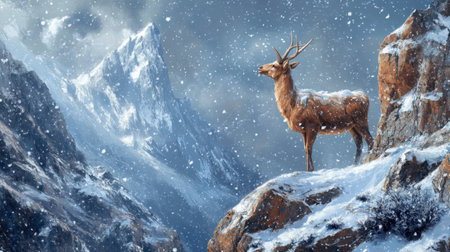 A serene winter landscape featuring a magnificent deer standing on a rocky peak surrounded by snow-covered mountains, evoking tranquility and beauty in nature.の素材