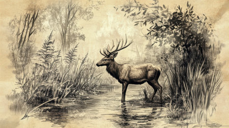 This captivating illustration features a majestic stag standing at the water's edge, surrounded by lush vegetation, embodying wilderness tranquility and natural beauty.の素材