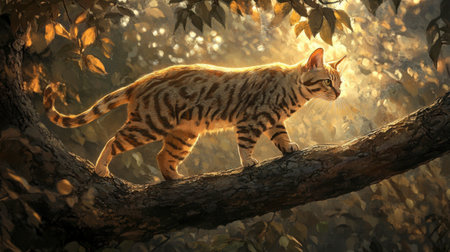 A Bengal cat gracefully walks along a branch, illuminated by soft sunlight filtering through leaves. This serene forest scene captures the beauty of nature and wildlife.の素材