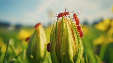This macro image captures red insects on a green flower bud, showcasing nature's intricate details and vibrant colors in a picturesque outdoor setting.の素材