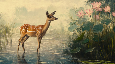 A graceful deer stands in serene waters, surrounded by blooming lotus flowers, capturing a tranquil moment in nature's beauty. A perfect peaceful scene.の素材