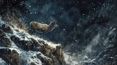 A magnificent stag stands on rocky terrain under a snowy atmosphere, embracing the serene beauty of winter in a tranquil natural setting.の素材