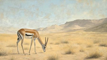 A beautiful depiction of an antelope grazing in a vast desert landscape, showcasing the serenity of nature and the majesty of wildlife in its habitat.の素材