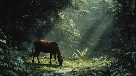 A serene scene of a brown cow grazing in a lush jungle, bathed in natural sunlight. The environment showcases vibrant foliage and a tranquil atmosphere, perfect for nature lovers.の素材