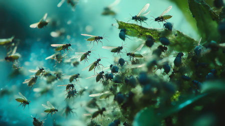 A mesmerizing close-up shot capturing a lively swarm of tiny insects hovering over vibrant green foliage, showcasing the intricate dynamics of nature.の素材
