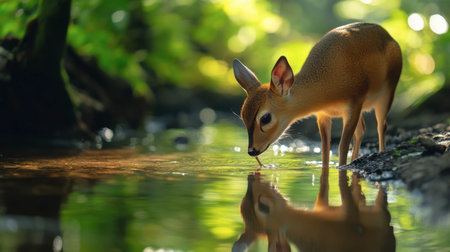 A small deer stands by a clear stream, sipping water amidst lush greenery. The serene reflection creates a peaceful atmosphere in nature's beauty.の素材
