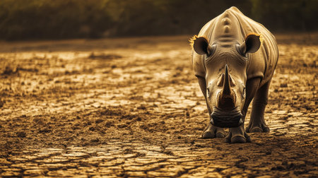 A magnificent rhinoceros stands proudly on cracked earth during sunset. The scene captures the beauty of wildlife in a dry and rugged environment, emphasizing conservation needs.の素材
