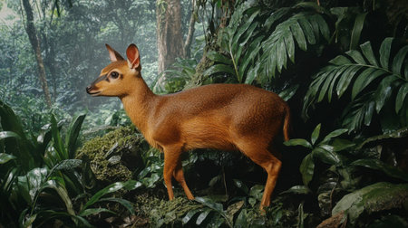 A young antelope stands gracefully among vibrant green jungle foliage, showcasing its natural beauty and serene environment. Perfect for wildlife enthusiasts.の素材