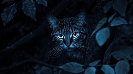 A captivating image of a cat with striking eyes peering through dark foliage. The blue-toned surroundings enhance the mysterious feel of the scene, embodying nature's beauty.の素材