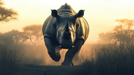 A majestic rhinoceros charges through the grassland at sunrise, showcasing its powerful build in a vibrant natural landscape. This captivating scene highlights wildlife's beauty and strength.の素材