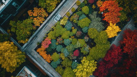 This stunning aerial view captures a vibrant garden filled with colorful plants, showcasing an array of foliage that exhibits nature's beauty and harmony.の素材
