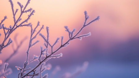 Delicate frosted branches stand out against a stunning pastel winter sunrise. The ice crystals catch the light, creating a serene and tranquil scene perfect for nature lovers.の素材