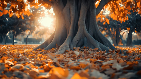 A majestic tree stands proud amidst a blanket of colorful autumn leaves, with golden sunlight filtering through branches, creating a serene and peaceful atmosphere.の素材