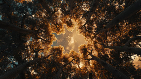 Captivating upward view of tall trees framing a bright blue sky, illuminated by warm sunlight. The golden hour casts a magical glow through the leaves, inviting peace.の素材