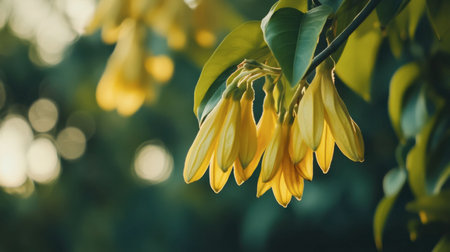 Beautiful yellow flower blossoms gently hang from lush green leaves, creating a serene and vibrant atmosphere. Ideal for nature-themed projects and floral designs.の素材