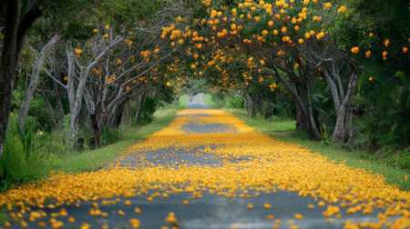 A picturesque roadway, adorned with vibrant yellow flower petals, creates a serene atmosphere beneath a canopy of green trees, inviting tranquil strolls.の素材