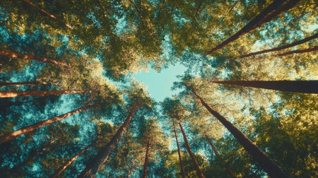 This image captures a stunning view looking up at tall trees in a vibrant green forest. The sunlight filters through the canopy, creating a serene atmosphere.の素材