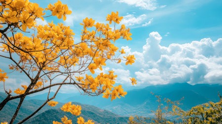 A breathtaking view of vibrant yellow flowers blossoming on a tree under a clear blue sky, surrounded by stunning mountains and fluffy clouds. Perfect for nature enthusiasts!の素材