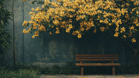 A charming outdoor scene features a wooden bench under a vibrant display of yellow flowers, perfect for relaxation and enjoying nature's beauty.の素材