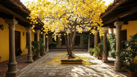 A stunning yellow tree blooms in a tranquil courtyard, surrounded by lush greenery and rustic architecture, creating a serene outdoor escape filled with natural beauty.の素材