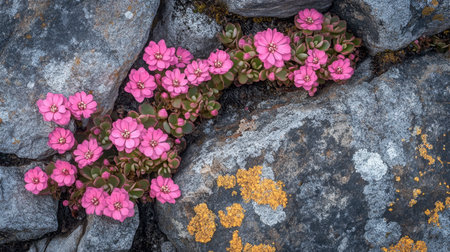Discover the beauty of vibrant pink flowers thriving among gray stones, capturing the essence of nature's resilience and harmony in a tranquil environment.の素材