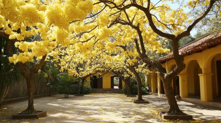 Beautiful courtyard featuring trees adorned with vibrant yellow flowers, creating a serene and inviting atmosphere perfect for relaxation and enjoyment of nature.の素材