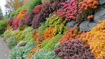 A stunning display of vibrant flowers in rich autumn colors showcases various plant types. This lively floral wall adds beauty and charm to any outdoor space.の素材