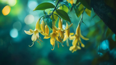 A captivating close-up of delicate yellow flowers hanging gracefully amid lush green leaves, capturing the essence of nature's beauty in a vibrant outdoor setting.の素材