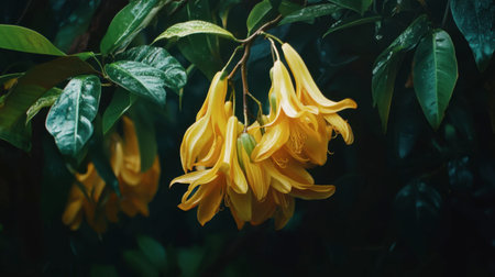 A stunning scene of vibrant yellow tropical flowers elegantly hanging among rich green foliage, capturing the essence of rainforest beauty in a serene setting.の素材