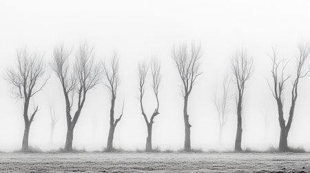 A hauntingly beautiful landscape featuring bare trees shrouded in fog, creating an ethereal atmosphere. This serene scene captures the quiet beauty of nature.の素材