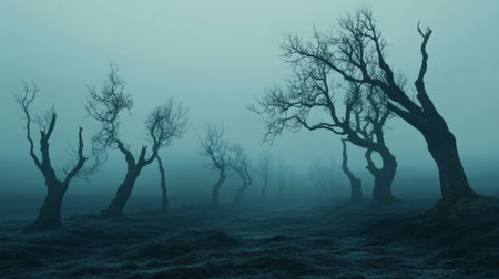 A haunting foggy landscape featuring gnarled trees, creating an eerie atmosphere. Ideal for atmospheric, nature-themed designs or storytelling visuals.の素材