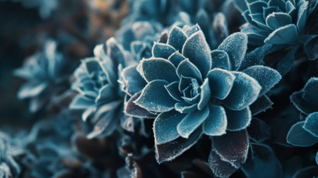 A close-up image showcasing frost-covered succulent plants in a tranquil garden environment, highlighting the delicate textures and vibrant colors of winter.の素材