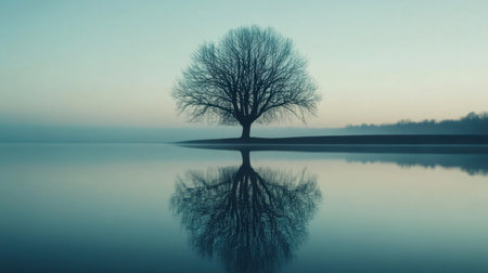 A stunning scene capturing a solitary tree standing by a calm lake, its reflection beautifully mirrored in the water beneath a gentle morning fog, evoking serenity and stillness.の素材
