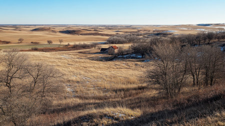A stunning view of an expansive prairie landscape, showcasing the beauty of rural life with a lone farmhouse nestled among golden fields and gentle hills.の素材