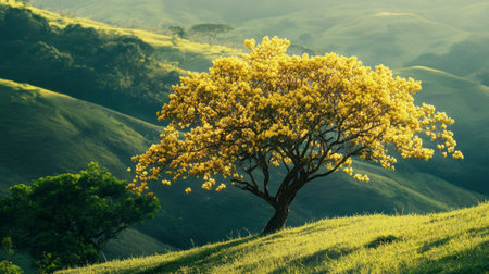 A stunning solitary tree adorned with vibrant yellow flowers stands out against a lush green landscape, capturing the beauty of nature's splendor.の素材
