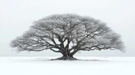 A striking image of a large, leafless tree blanketed in snow against a serene white background. This captivating winter landscape portrays peace and tranquility.の素材