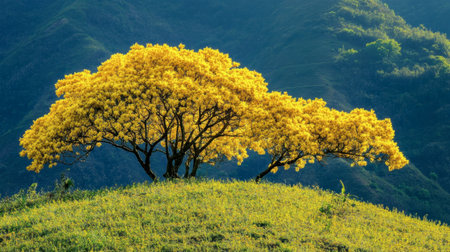 A stunning view of a vibrant yellow tree adorning a rolling green hill, illuminated by morning light, showcasing the tranquility and beauty of nature's landscape.の素材