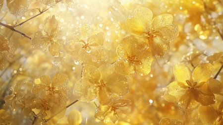 An enchanting scene of bright yellow flowers adorned with glistening water drops, creating a captivating visual of nature's beauty and freshness in soft light.の素材