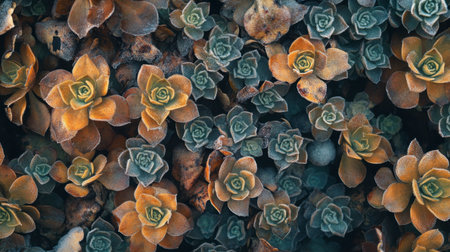 Explore a stunning close-up of various succulent plants showcasing unique color shades and textures, perfect for enhancing any nature-themed project.の素材