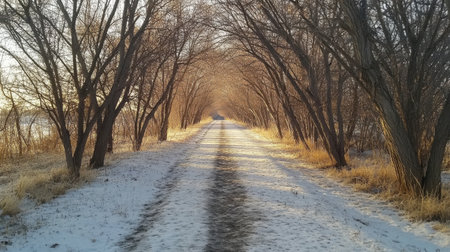 Trees along a winter road in the sunlight at sunset. Landscape.の素材