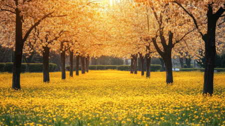 A stunning landscape featuring a field of vibrant yellow flowers illuminated by sunlight filtering through cherry blossom trees, creating a serene atmosphere.の素材