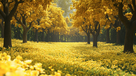 A breathtaking view of a vibrant yellow flower field framed by majestic trees. This serene landscape invites peace and tranquility in nature's beauty.の素材