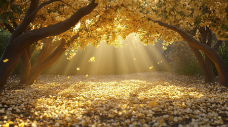 A breathtaking grove showcasing golden leaves illuminated by soft sunlight rays. This serene scene captures the beauty of nature, inviting tranquility and peace.の素材
