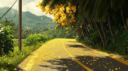 A picturesque road lined with trees, adorned with scattered yellow petals, showcases the beauty of nature in a vibrant tropical setting. Perfect for travel themes.の素材