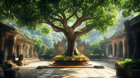 Discover a breathtaking scene featuring a majestic ancient tree at the heart of historic ruins, bathed in serene sunlight amidst lush greenery.の素材