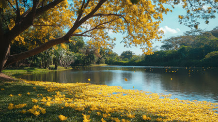 A tranquil riverside scene featuring vibrant yellow blossoms scattered on the water's surface, framed by lush greenery and a majestic tree overhead.の素材
