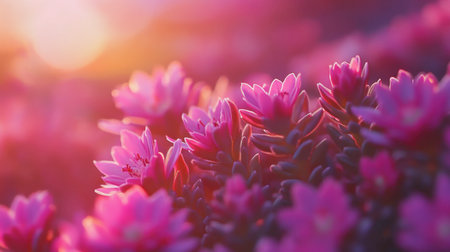 A close-up view of vibrant pink succulent flowers bathed in soft sunset light, creating a serene and beautiful garden scene. Perfect for nature lovers.の素材
